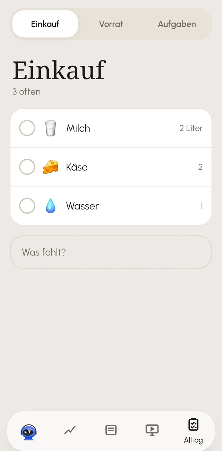 Einkaufsliste in KiCo mit drei offenen Einträgen, Beispieldaten