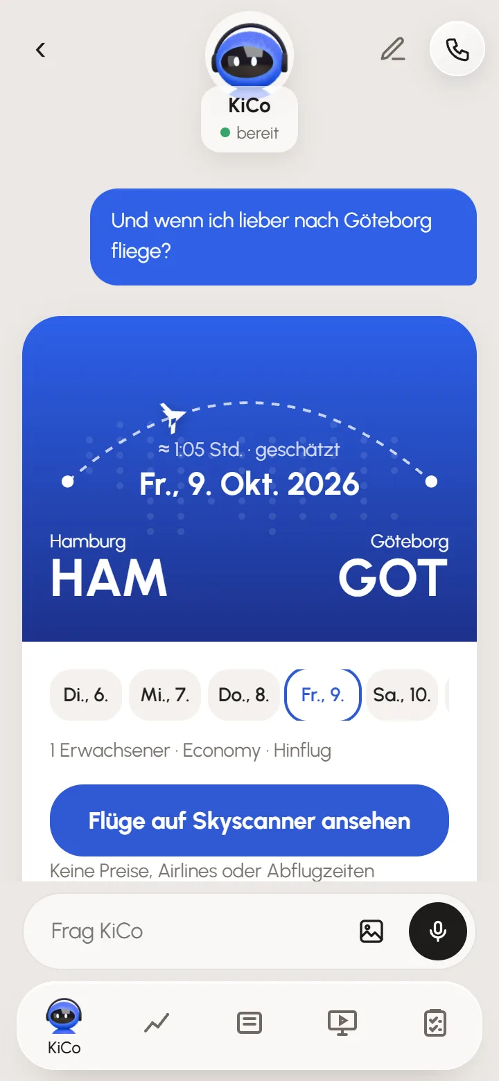 Flugkarte in KiCo von Hamburg nach Göteborg mit Datumswahl