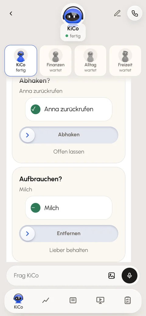 Die tägliche Runde in KiCo: offene Punkte werden per Wischen abgehakt