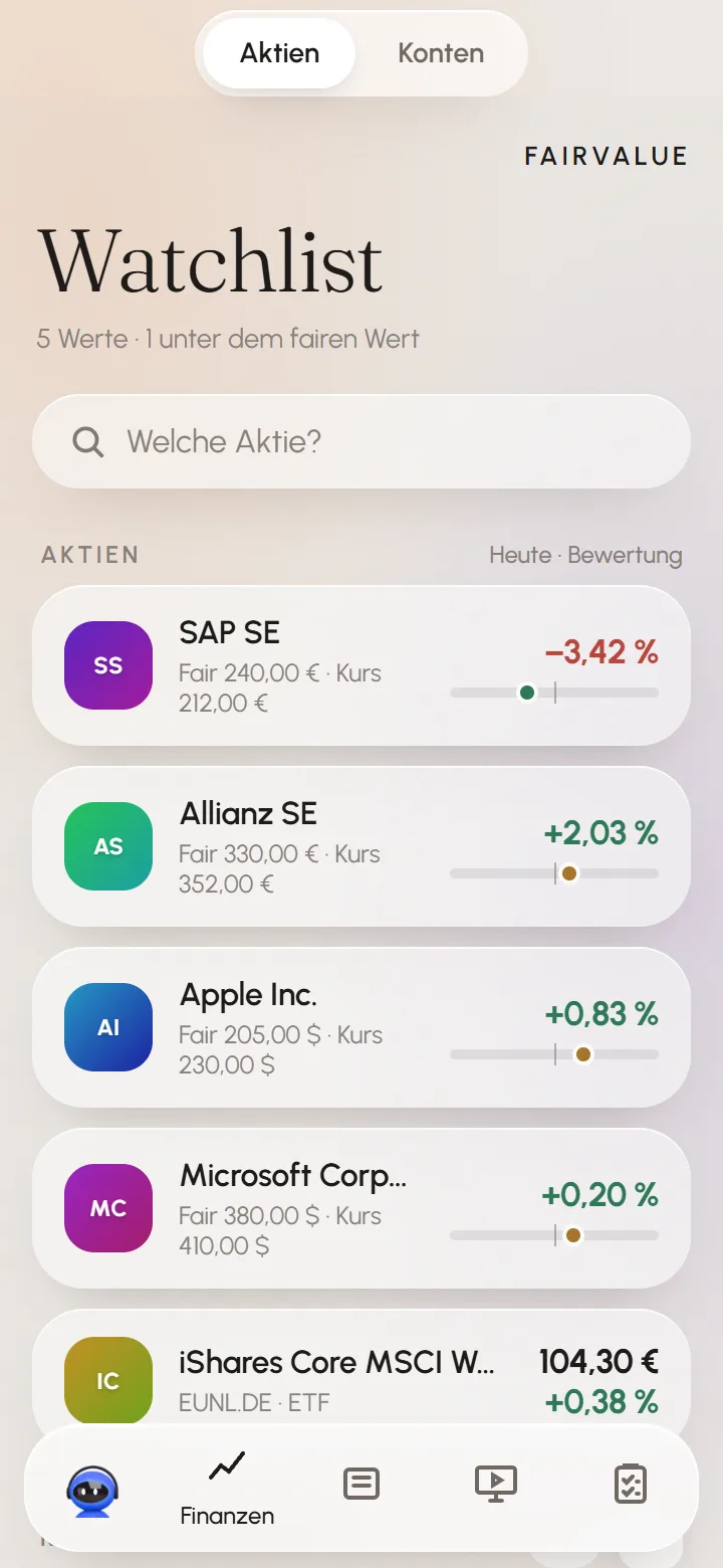 Aktien-Watchlist in KiCo mit Kurs und fairem Wert, Beispieldaten